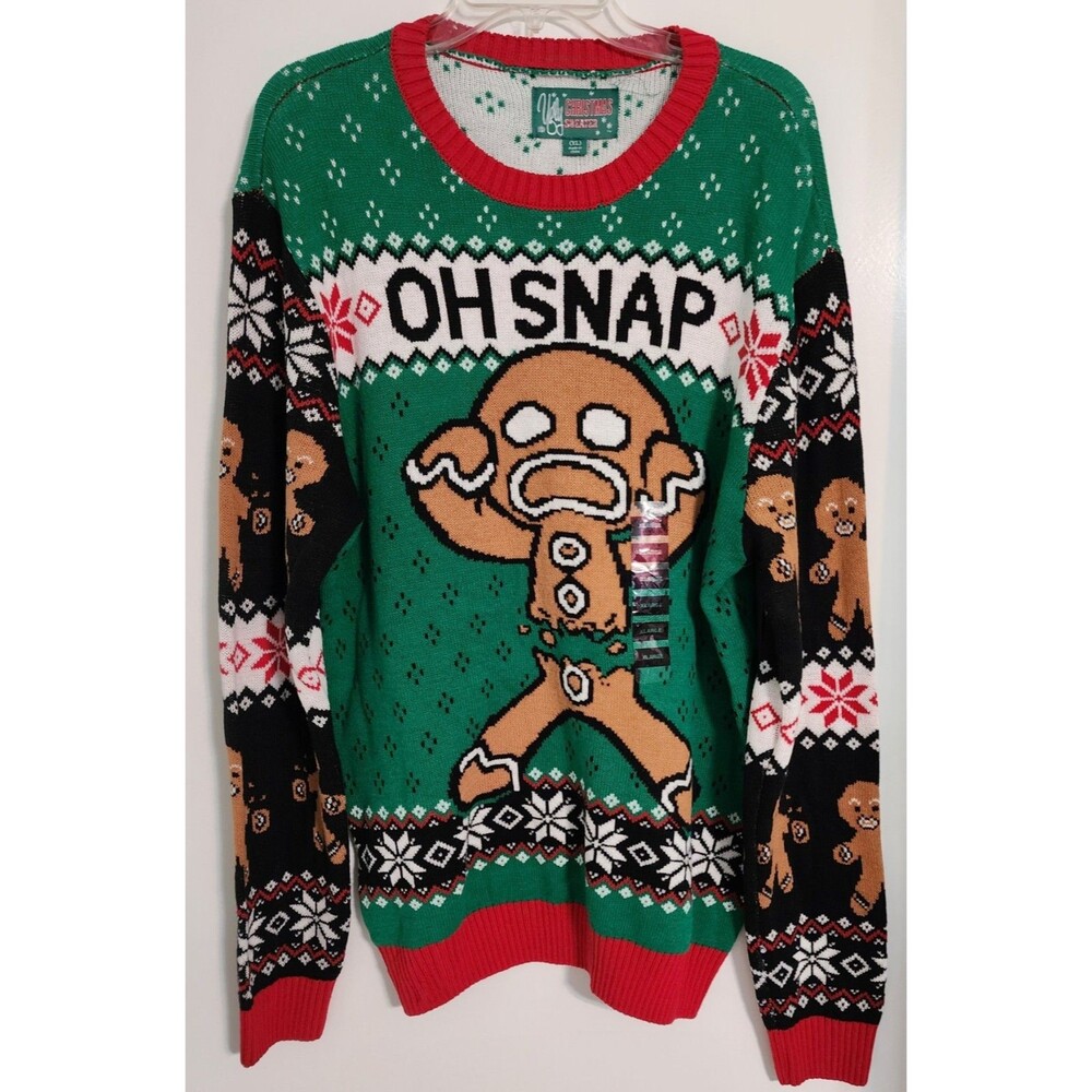 UGLY CHRISTMAS SWEATER OH SNAP GINGERBREAD MAN CANDY CANE CRUTCH MENS WOMENS XL